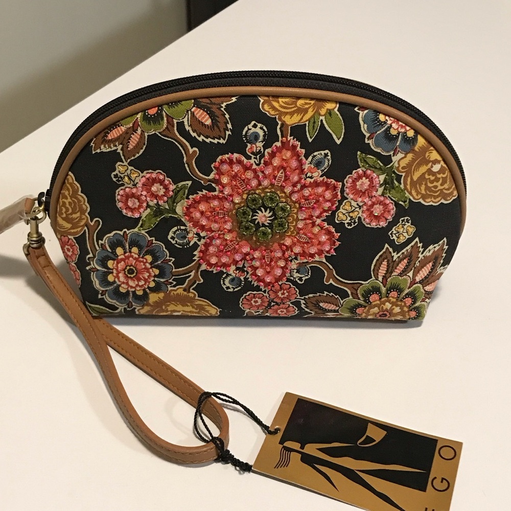 NWT Ego fabric makeup bag wristlet purse with decorative beads